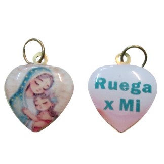 Medalla corazón color doble 19mm Virgen con niña infantil