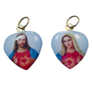 Medalla corazón color doble 19mm Corazón de Jesús / Corazón de María